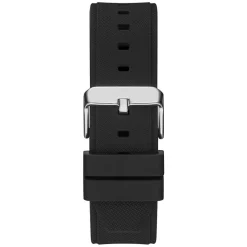 GUESS Montre Third Gear Noir cadran argenté fond noir bracelet silicone noire Clearance