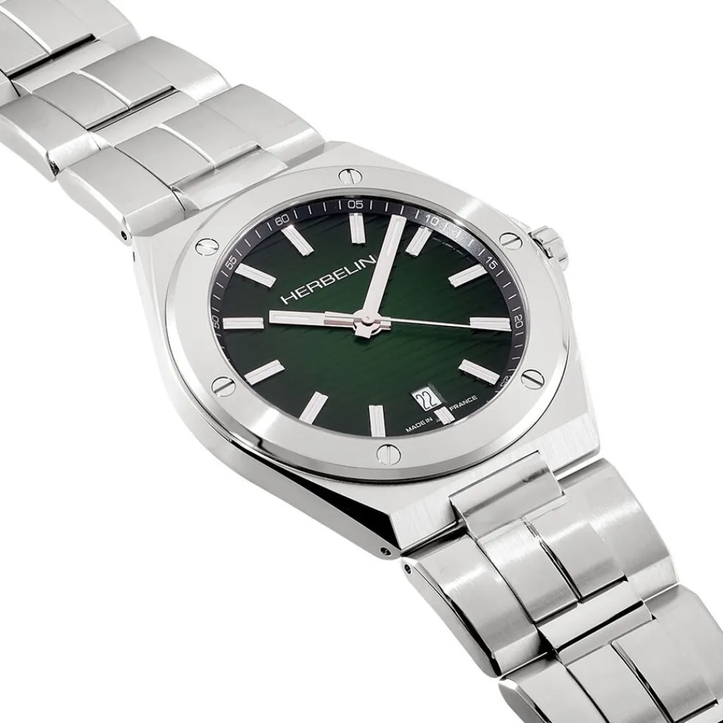 HERBELIN Montre Cap Camarat Vert cadran argenté fond vert bracelet métal argenté New