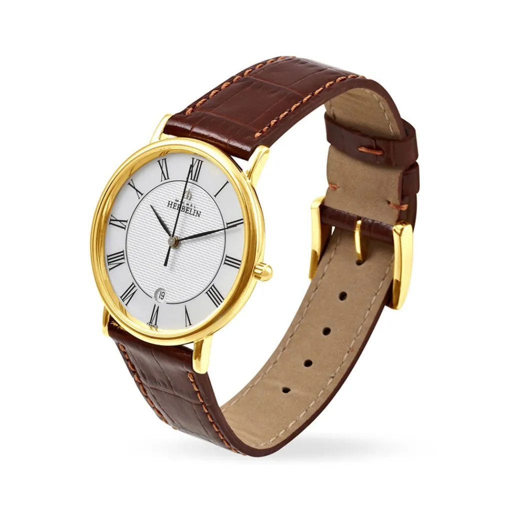 HERBELIN Montre Classique Blanc cadran doré fond blanc bracelet cuir marron Online