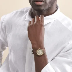 HERBELIN Montre Classique Blanc cadran doré fond blanc bracelet cuir marron Online