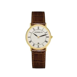 HERBELIN Montre Classique Blanc cadran doré fond blanc bracelet cuir marron Hot