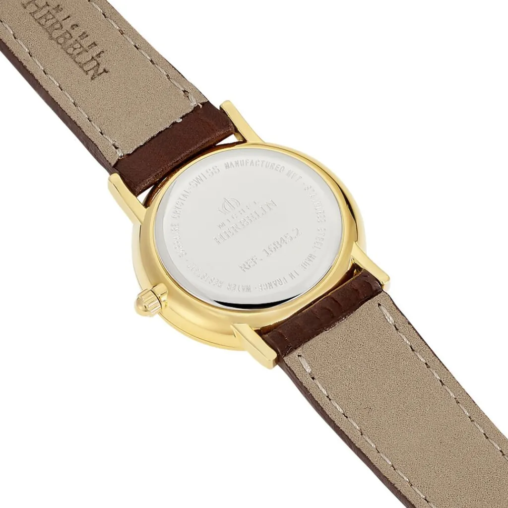 HERBELIN Montre Classique Blanc cadran doré fond blanc bracelet cuir marron Hot