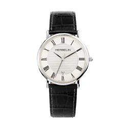 HERBELIN Montre Classique Blanc cadran argenté fond blanc bracelet cuir noir Outlet