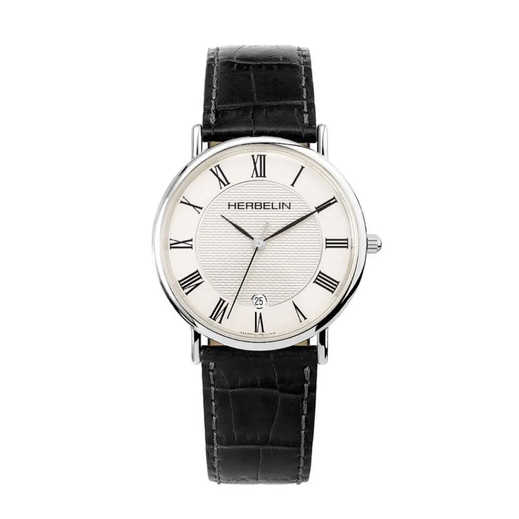 HERBELIN Montre Classique Blanc cadran argenté fond blanc bracelet cuir noir Outlet