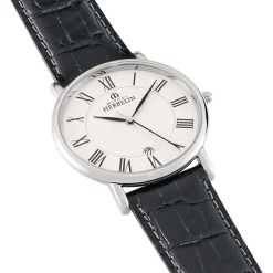 HERBELIN Montre Classique Blanc cadran argenté fond blanc bracelet cuir noir Outlet