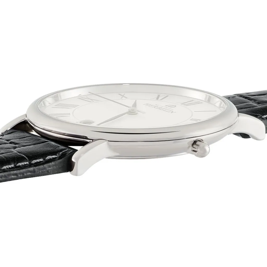 HERBELIN Montre Classique Blanc cadran argenté fond blanc bracelet cuir noir Outlet