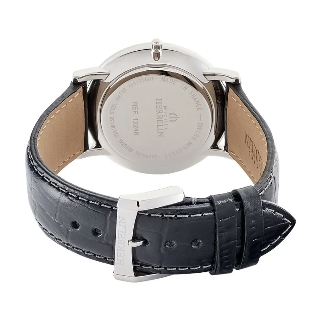 HERBELIN Montre Classique Blanc cadran argenté fond blanc bracelet cuir noir Outlet