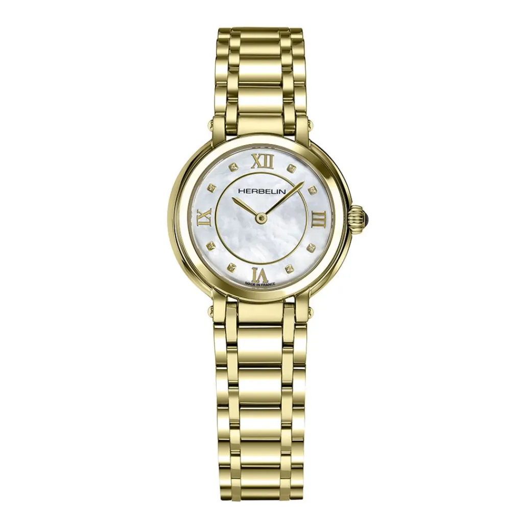 HERBELIN Montre Galet Nacre Blanche cadran doré fond nacre blanche bracelet acier doré