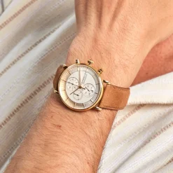 HERBELIN Montre Inspiration Blanc cadran doré fond blanc bracelet cuir marron New