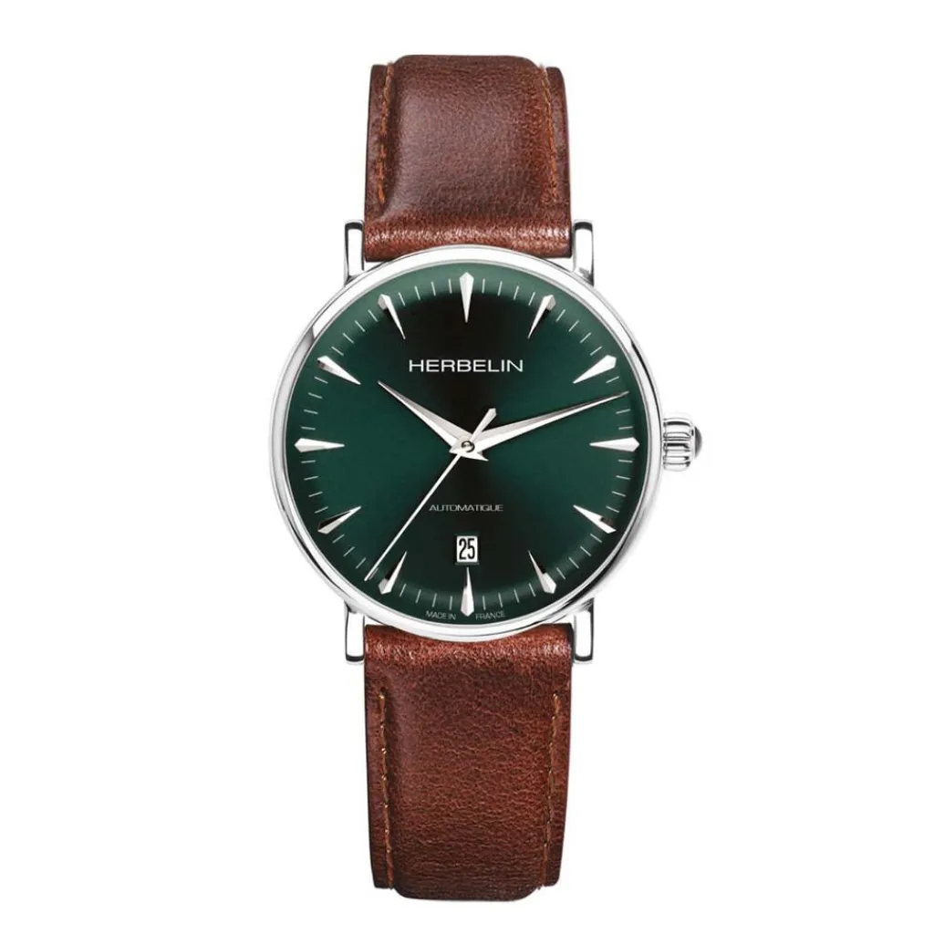 HERBELIN Montre Inspiration Vert cadran doré fond vert bracelet cuir marron New
