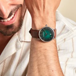 HERBELIN Montre Inspiration Vert cadran doré fond vert bracelet cuir marron New