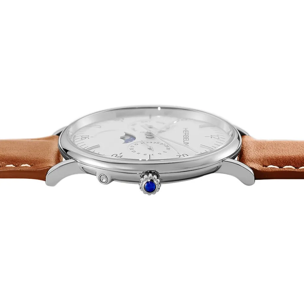 HERBELIN Montre Inspiration Blanc cadran argenté fond blanc bracelet cuir marron Clearance