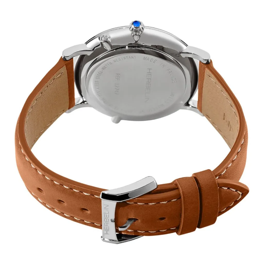 HERBELIN Montre Inspiration Blanc cadran argenté fond blanc bracelet cuir marron Clearance