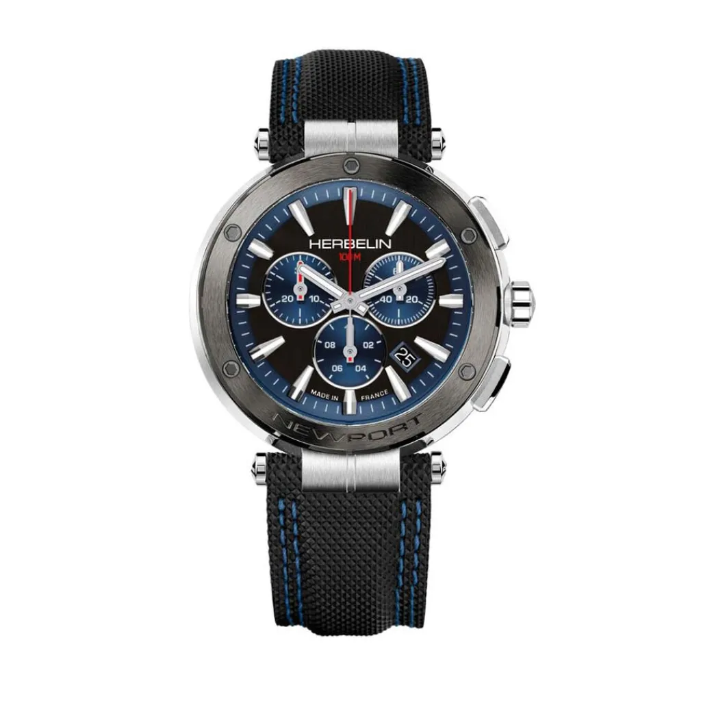 HERBELIN Montre Newport Chrono Noir Et Bleu cadran argenté fond bicolore bracelet cuir noir Online