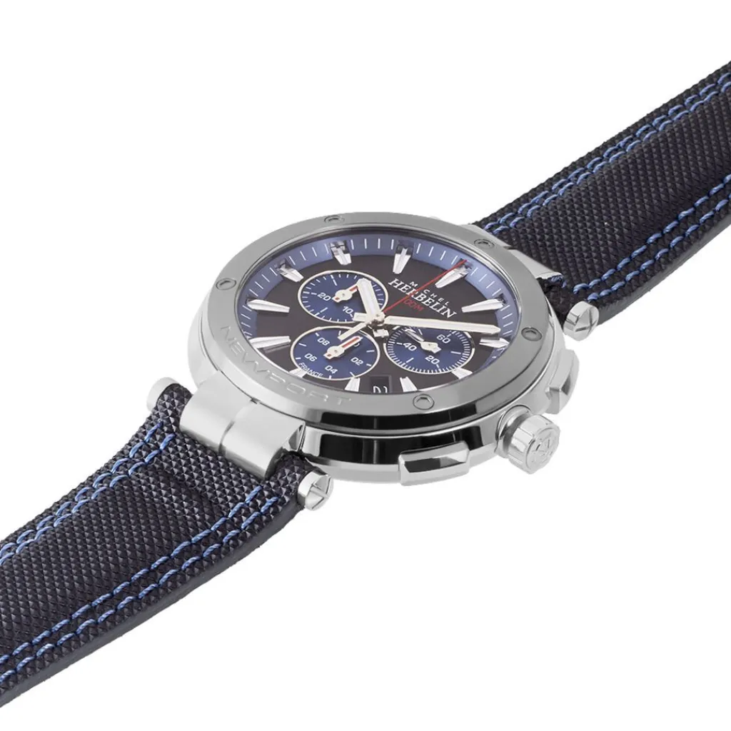 HERBELIN Montre Newport Chrono Noir Et Bleu cadran argenté fond bicolore bracelet cuir noir Online