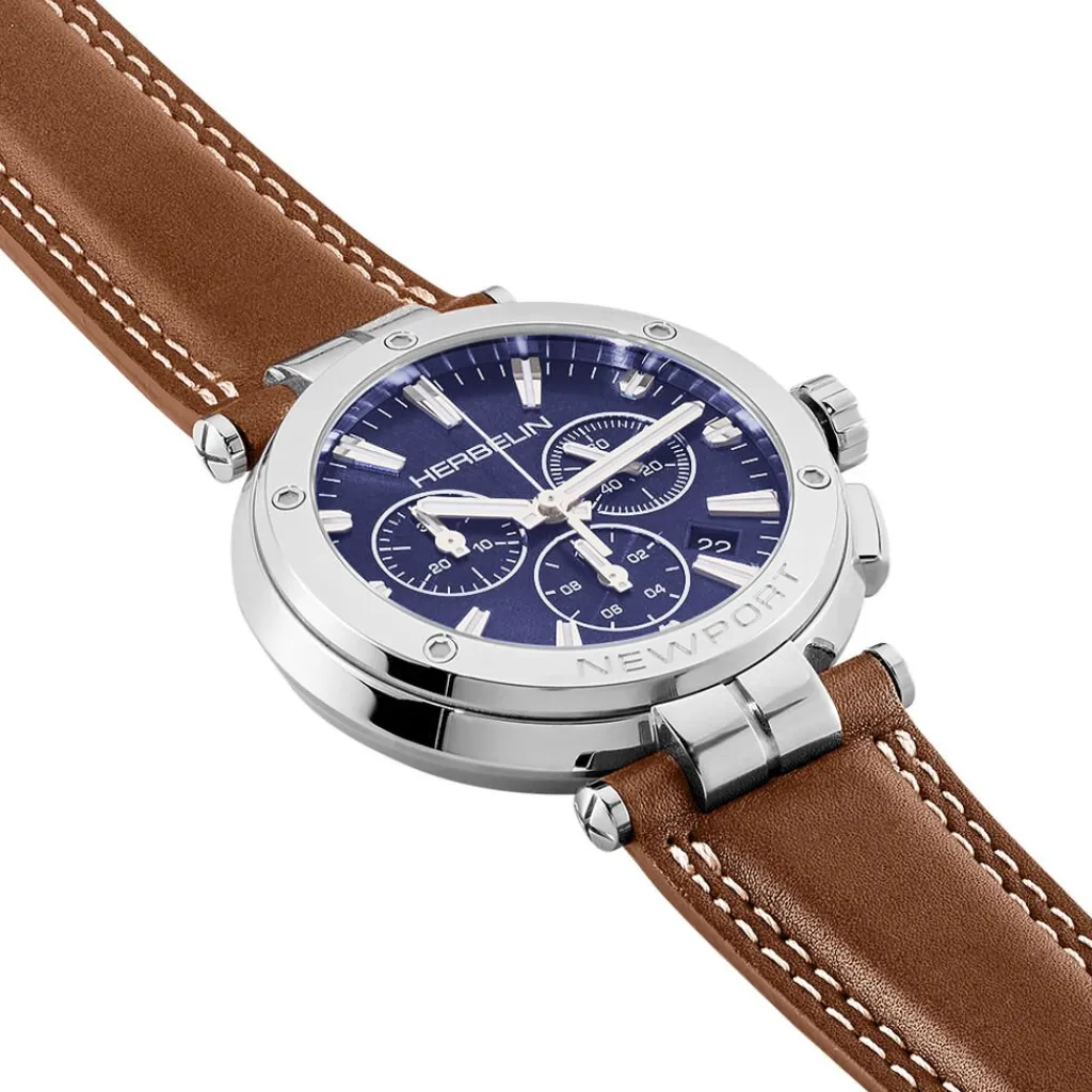 HERBELIN Montre Newport Chrono Bleu cadran argenté fond bleu bracelet cuir marron Hot