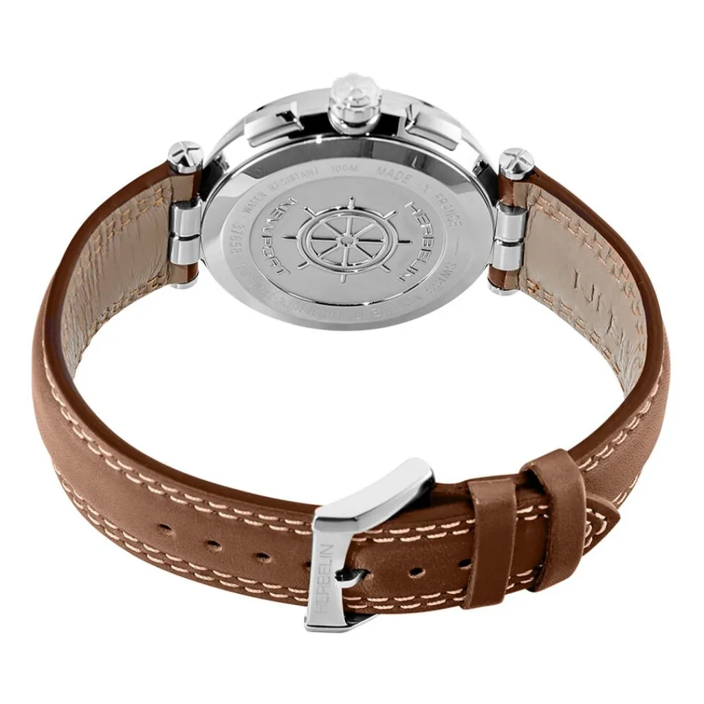 HERBELIN Montre Newport Chrono Bleu cadran argenté fond bleu bracelet cuir marron Hot