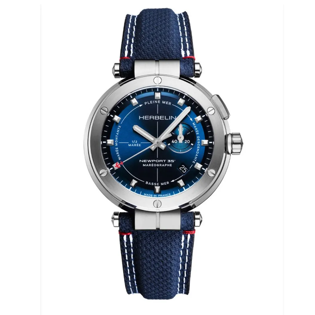 HERBELIN Montre Newport Mareographe Bleu cadran argenté fond bleu bracelet tissu bleu Outlet