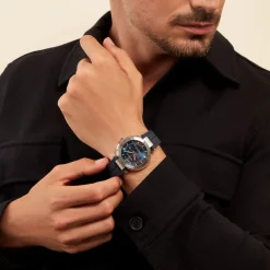 HERBELIN Montre Newport Mareographe Bleu cadran argenté fond bleu bracelet silicone bleu Sale