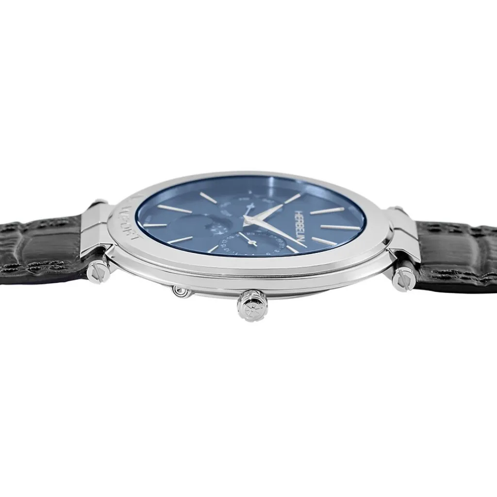 HERBELIN Montre Newport Slim Bleu cadran argenté fond bleu bracelet cuir noir Sale