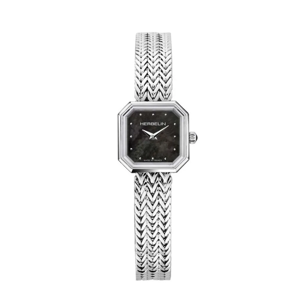 HERBELIN Montre Octogone Nacre Noire cadran argenté fond nacre bracelet acier argenté Discount