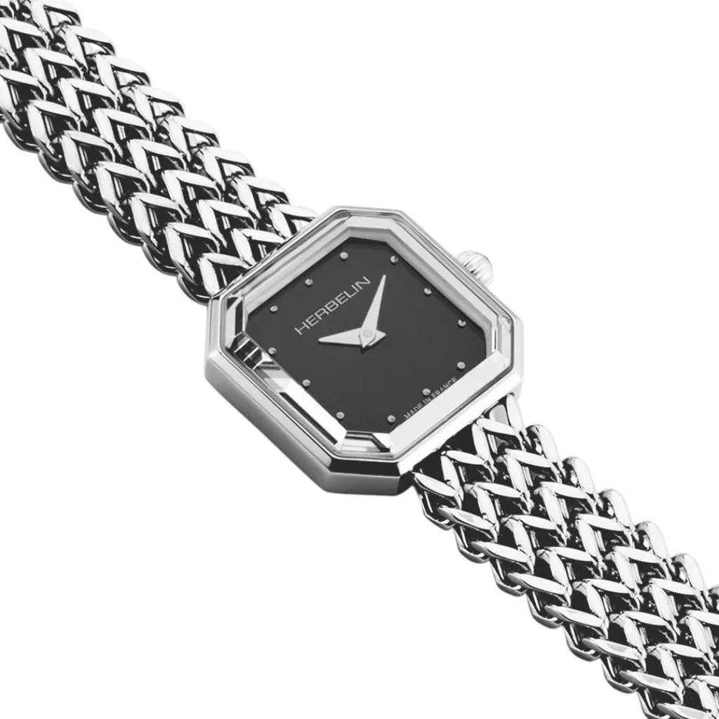 HERBELIN Montre Octogone Nacre Noire cadran argenté fond nacre bracelet acier argenté Discount