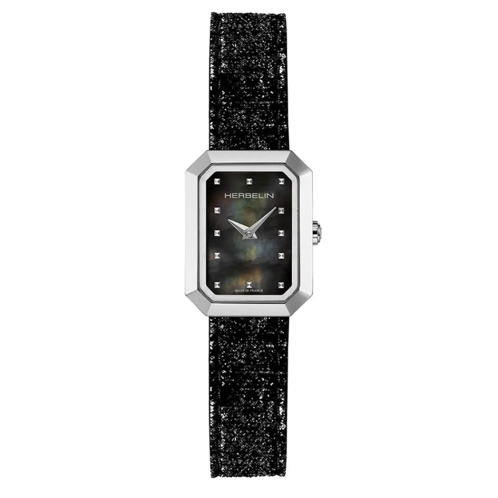 HERBELIN Montre Octogone Nacre Noire cadran argenté fond nacre noire bracelet cuir d'agneau noir Best
