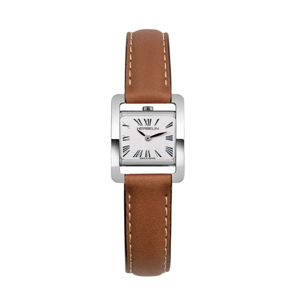 HERBELIN Montre V Avenue Nacre cadran argenté fond blanc bracelet cuir doré Sale