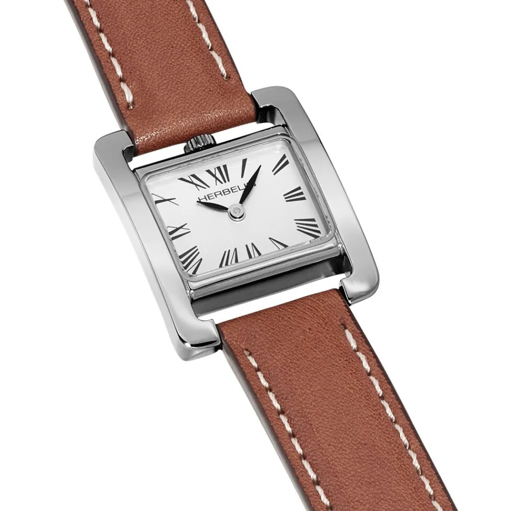 HERBELIN Montre V Avenue Nacre cadran argenté fond blanc bracelet cuir doré Sale