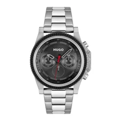 HUGO Montre Brave Noir cadran argenté fond noir bracelet acier argenté