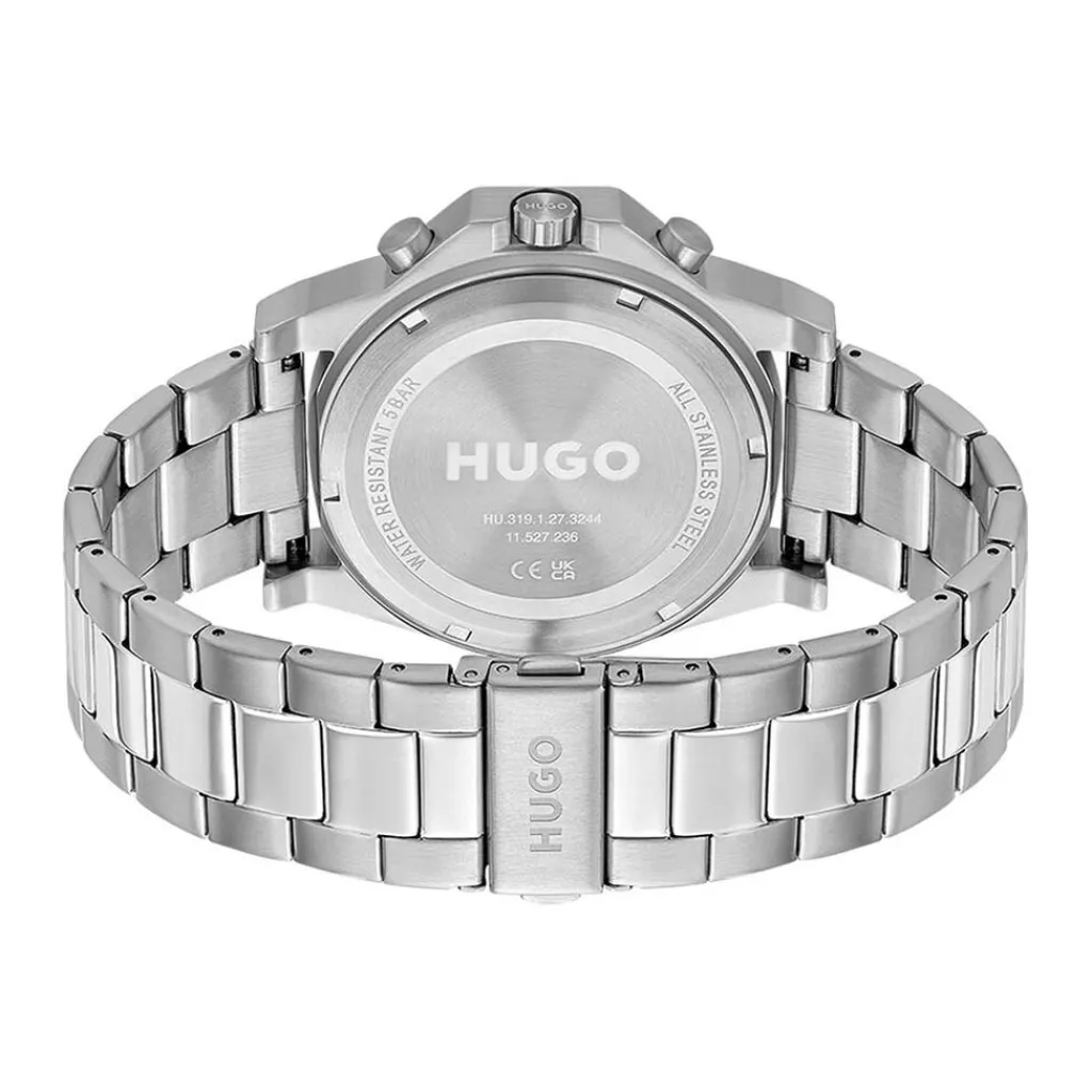 HUGO Montre Brave Noir cadran argenté fond noir bracelet acier argenté