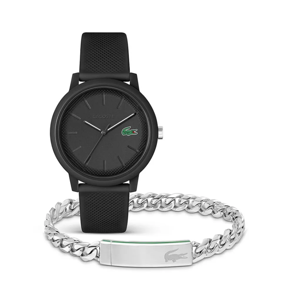 LACOSTE Montre 12.12 Noir cadran noir fond noir bracelet silicone noir Discount