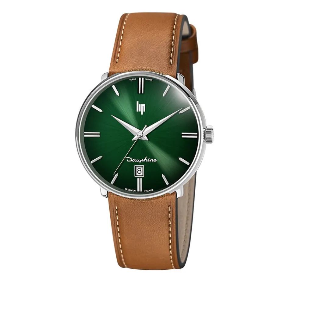 LIP Montre Dauphine 38 Vert cadran argenté fond vert bracelet cuir de vache camel Online