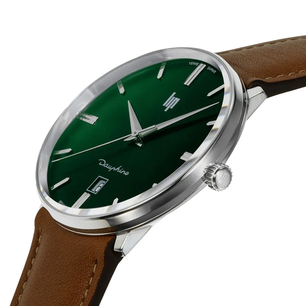 LIP Montre Dauphine 38 Vert cadran argenté fond vert bracelet cuir de vache camel Online