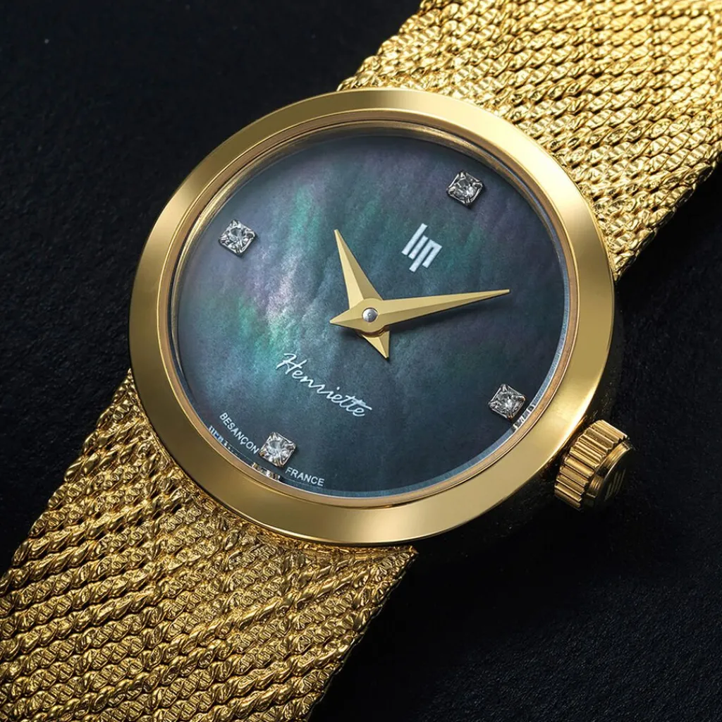 LIP Montre Henriette Diamant Nacre Noire cadran doré fond nacre noire bracelet acier doré Clearance