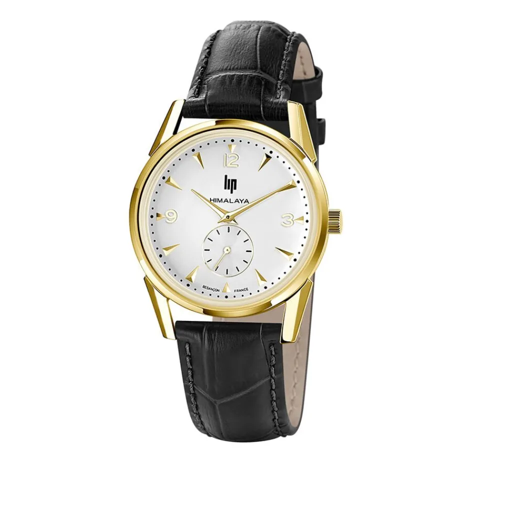 LIP Montre Himalaya 35 Argenté cadran doré fond argenté bracelet cuir de vache noir New