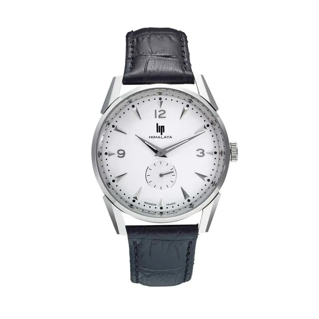 LIP Montre Himalaya 40 Argenté cadran argenté fond argenté bracelet cuir noir Hot