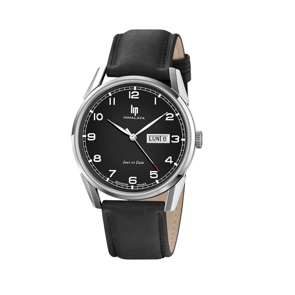 LIP Montre Himalaya 40 Noir cadran argenté fond noir bracelet cuir de vache noir Clearance