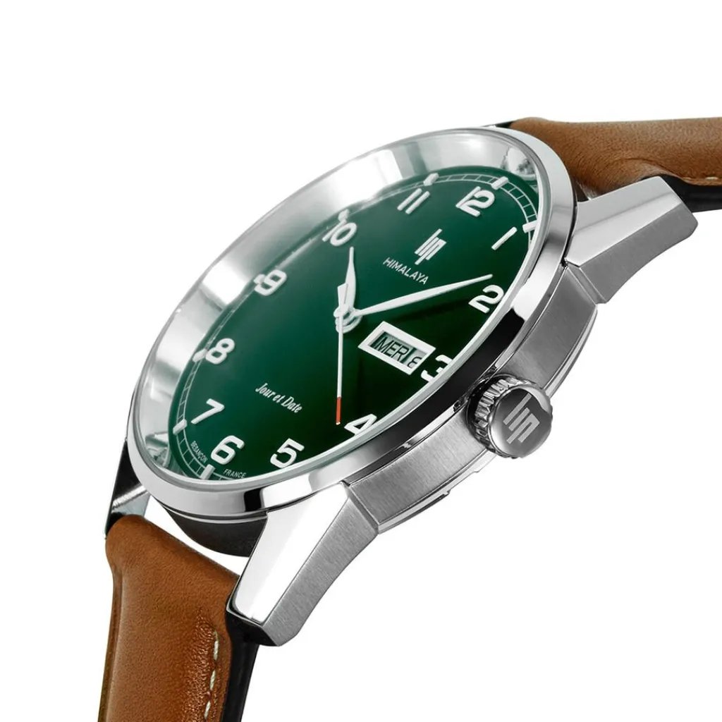 LIP Montre Himalaya 40 Vert cadran argenté fond vert bracelet cuir de vache marron Discount