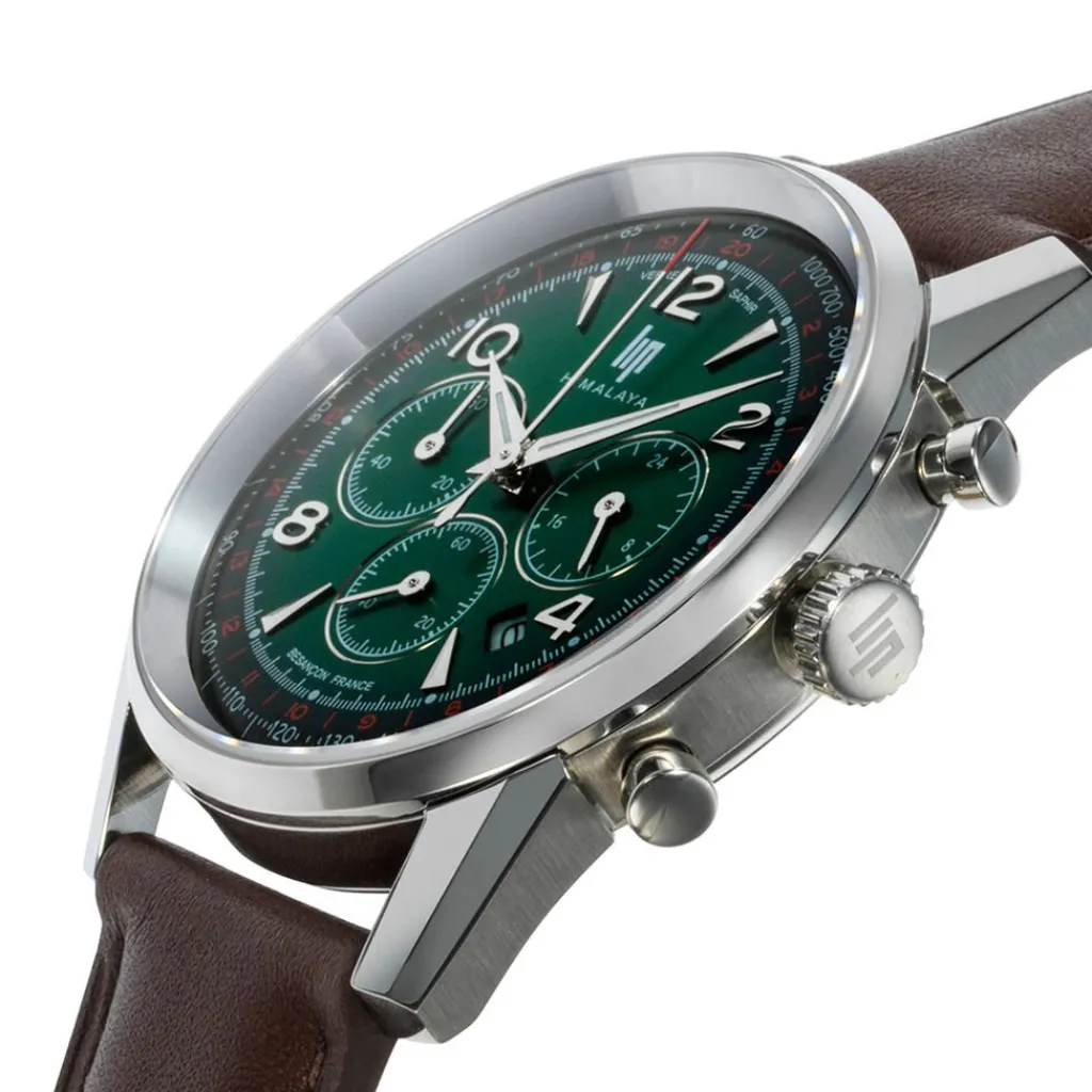 LIP Montre Himalaya Chrono Vert cadran argenté fond vert bracelet cuir de vache marron Best