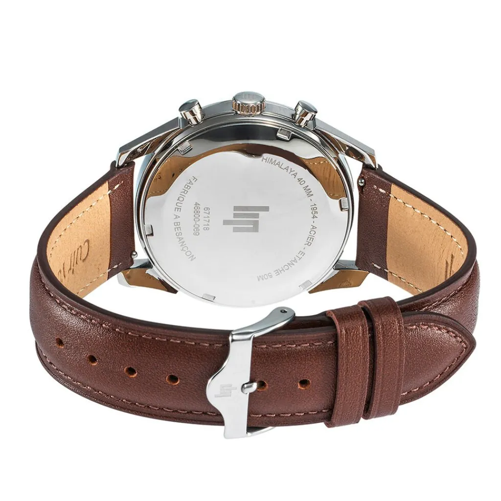 LIP Montre Himalaya Chrono Vert cadran argenté fond vert bracelet cuir de vache marron Best