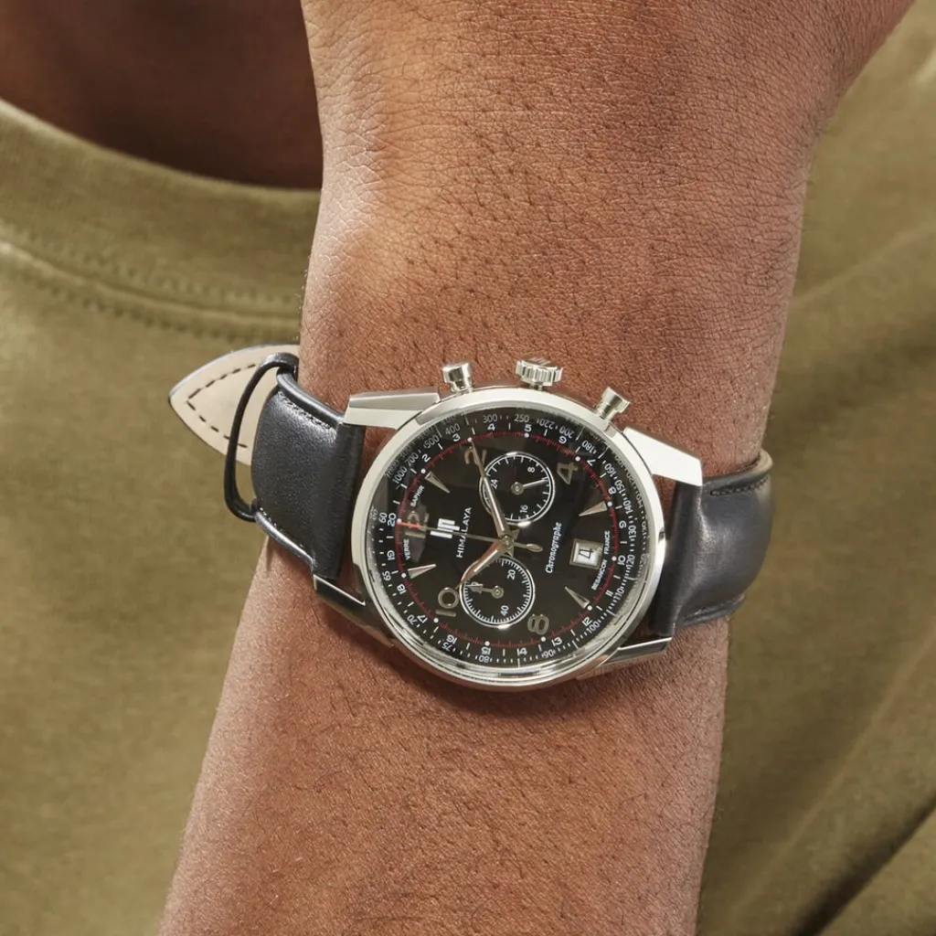 LIP Montre Himalaya Chrono Noir cadran argenté fond noir bracelet cuir noir New