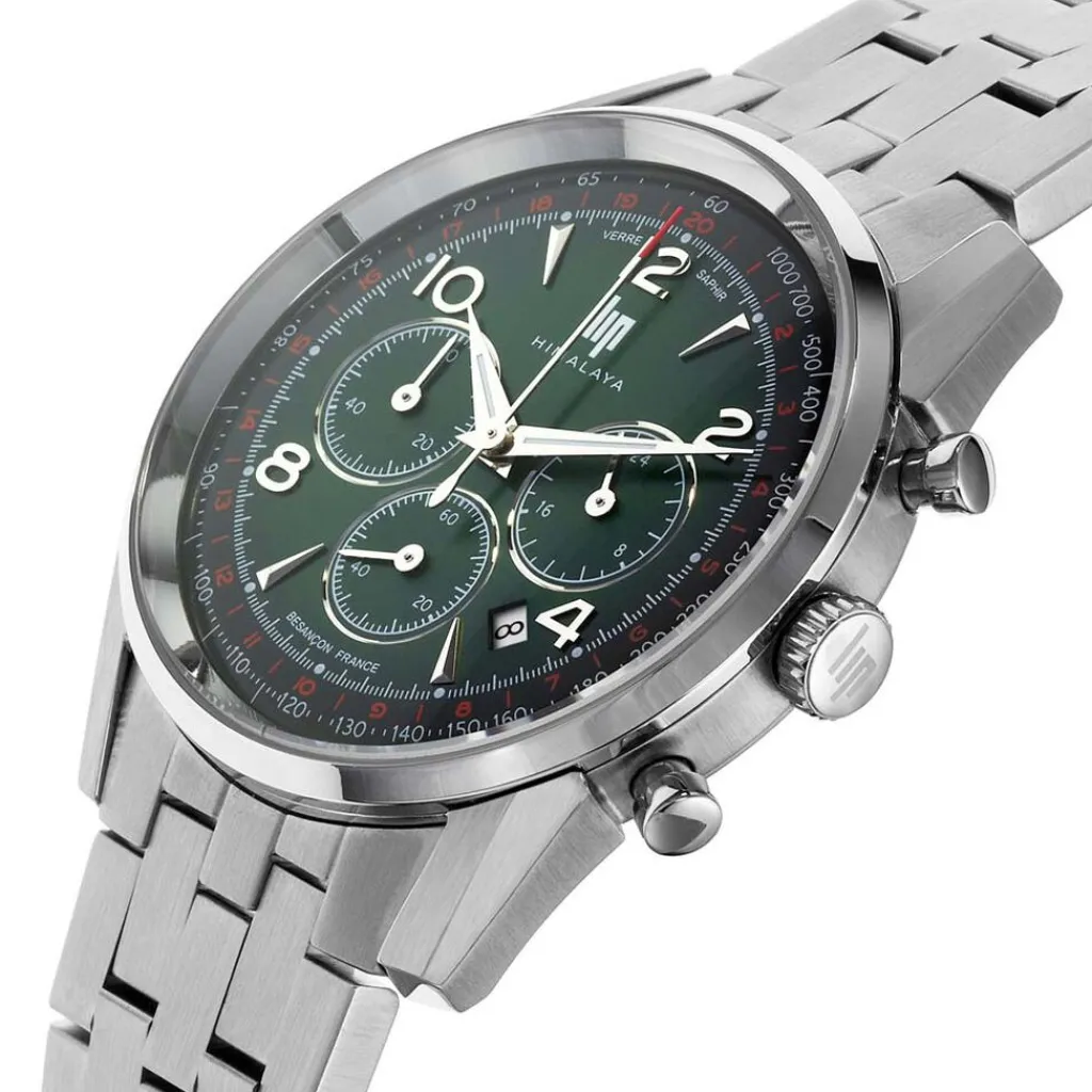 LIP Montre Himalaya Chrono Vert cadran argenté fond vert bracelet acier argenté Clearance