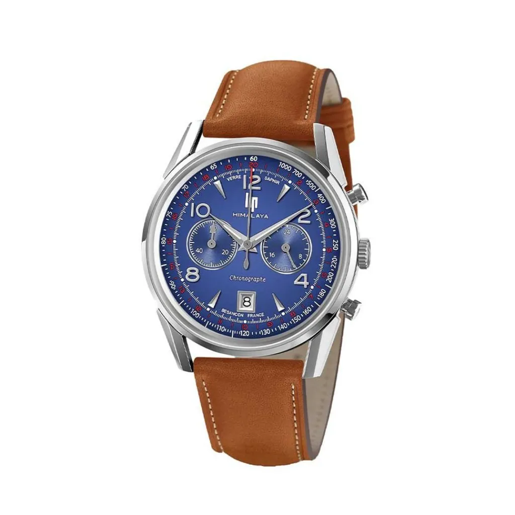 LIP Montre Himalaya Chrono Bleu cadran argenté fond bleu bracelet cuir marron Discount