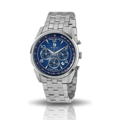 LIP Montre Himalaya Chrono Bleu cadran argenté fond bleu bracelet acier argenté