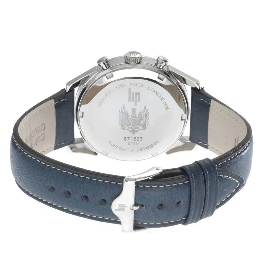 LIP Montre Himalaya Chrono Blanc Argenté cadran argenté fond blanc bracelet cuir bleu Online
