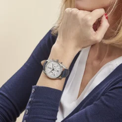 LIP Montre Himalaya Chrono Blanc Argenté cadran argenté fond blanc bracelet cuir bleu Online