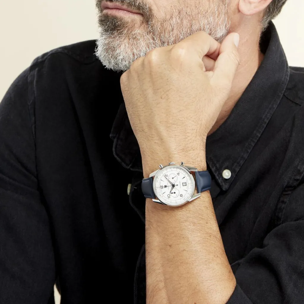 LIP Montre Himalaya Chrono Blanc Argenté cadran argenté fond blanc bracelet cuir bleu Online