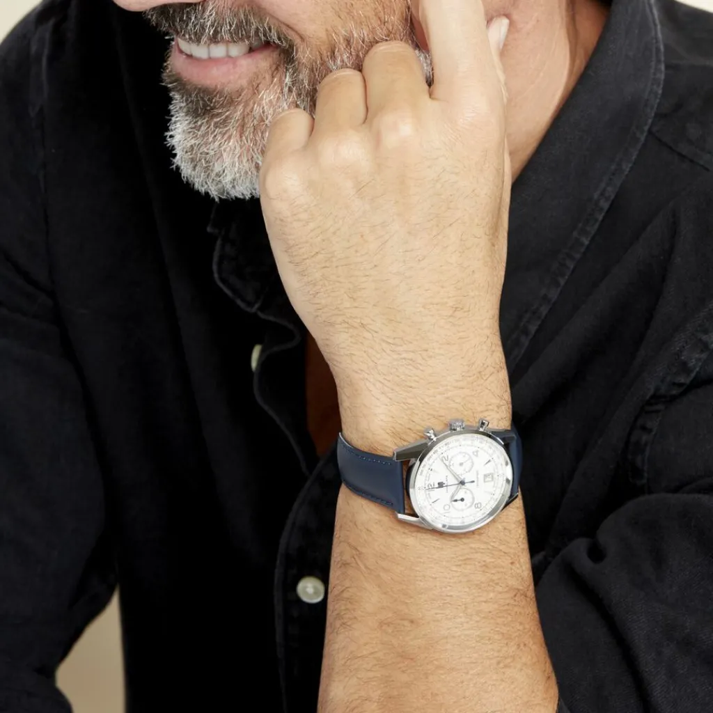 LIP Montre Himalaya Chrono Blanc Argenté cadran argenté fond blanc bracelet cuir bleu Online