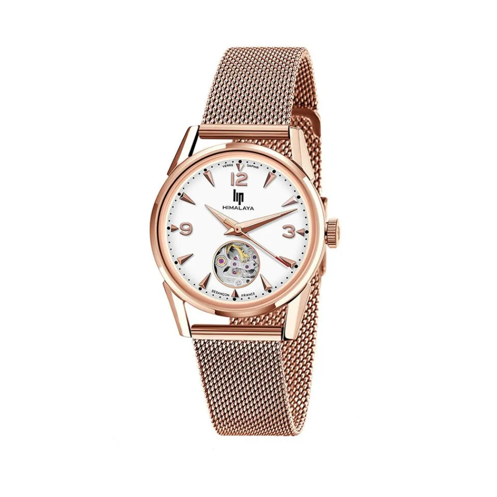 LIP Montre Himalaya C艙ur Battant Blanc cadran doré rose fond blanc bracelet acier doré rose New